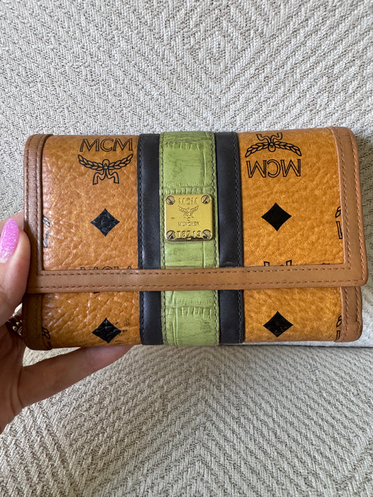 MCM Cognac and Green Trifold Wallet