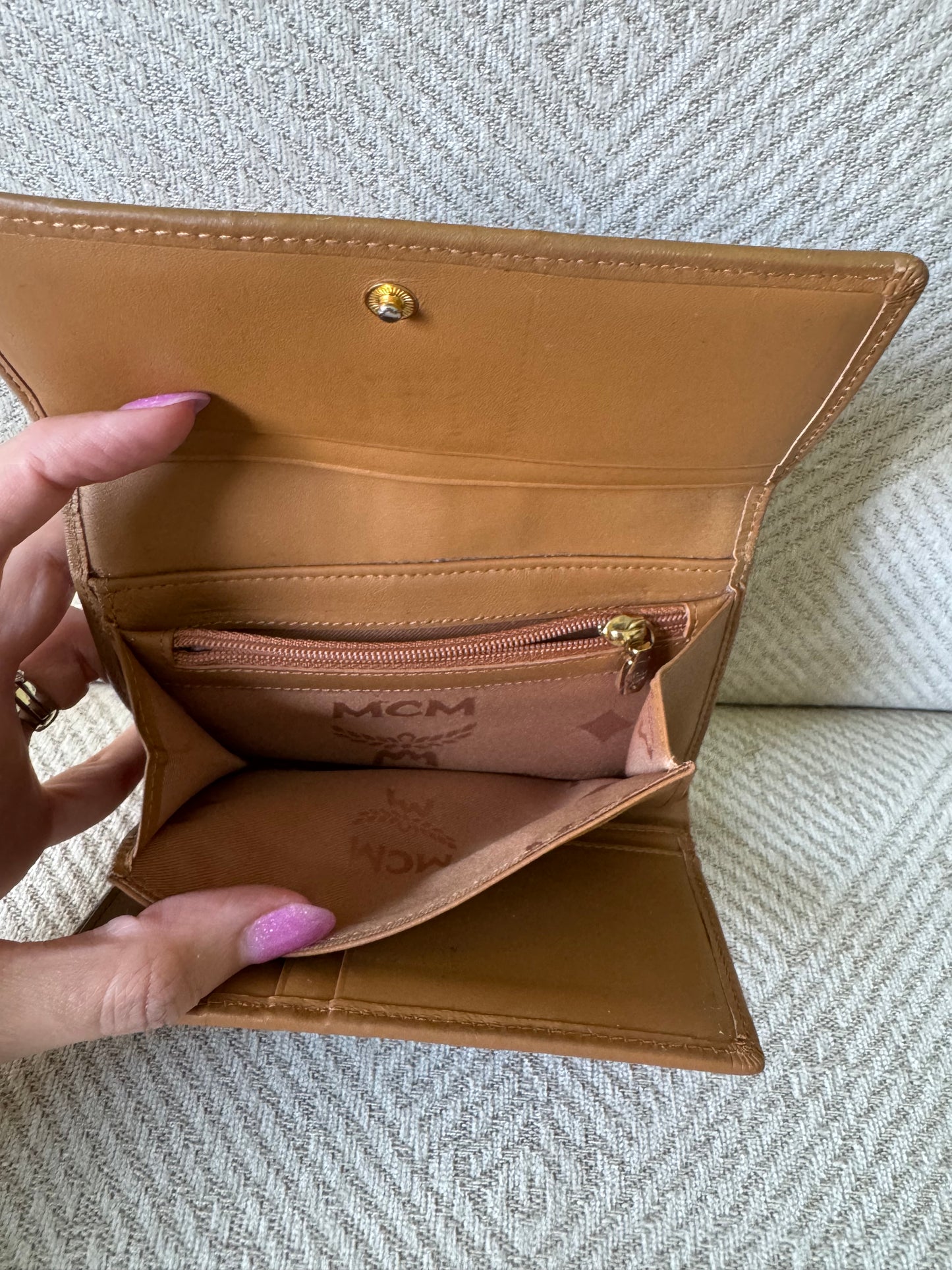 MCM Cognac and Green Trifold Wallet
