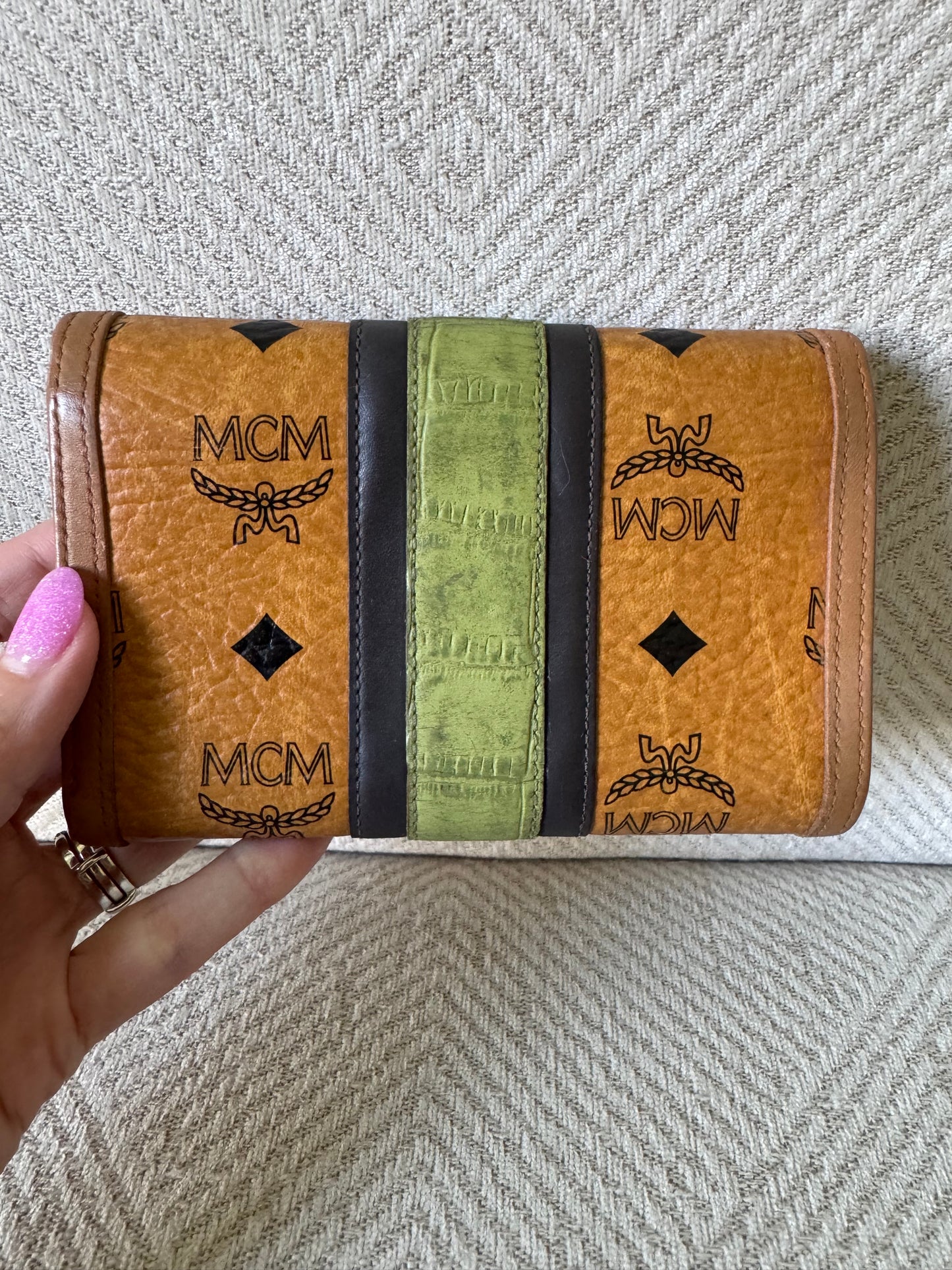 MCM Cognac and Green Trifold Wallet