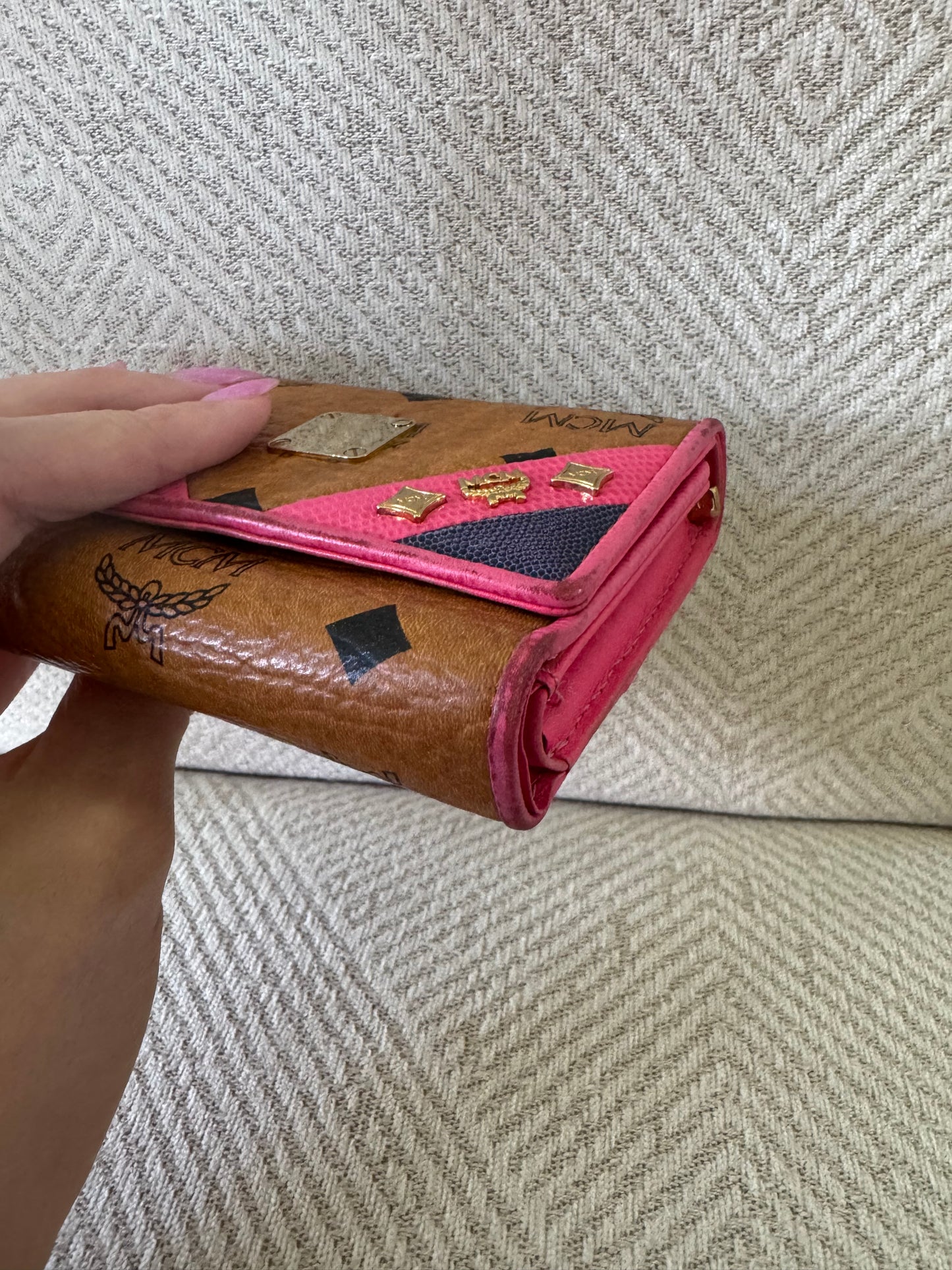 MCM Cognac and Pink Small Trifold Wallet
